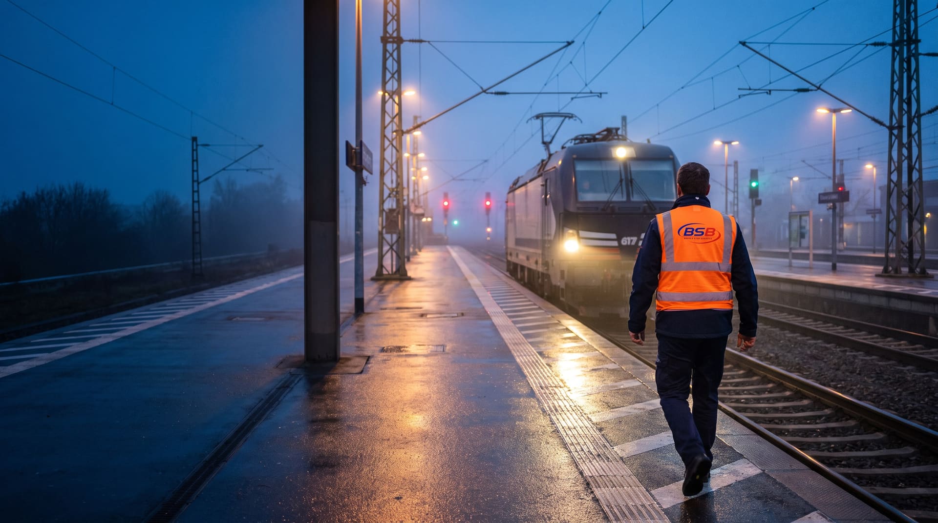 Triebfahrzeugführer in BSB-Warnweste auf dem Bahnsteig, vor ihm seine Lokomotive mit Spitzenlicht in der blauen Stunde