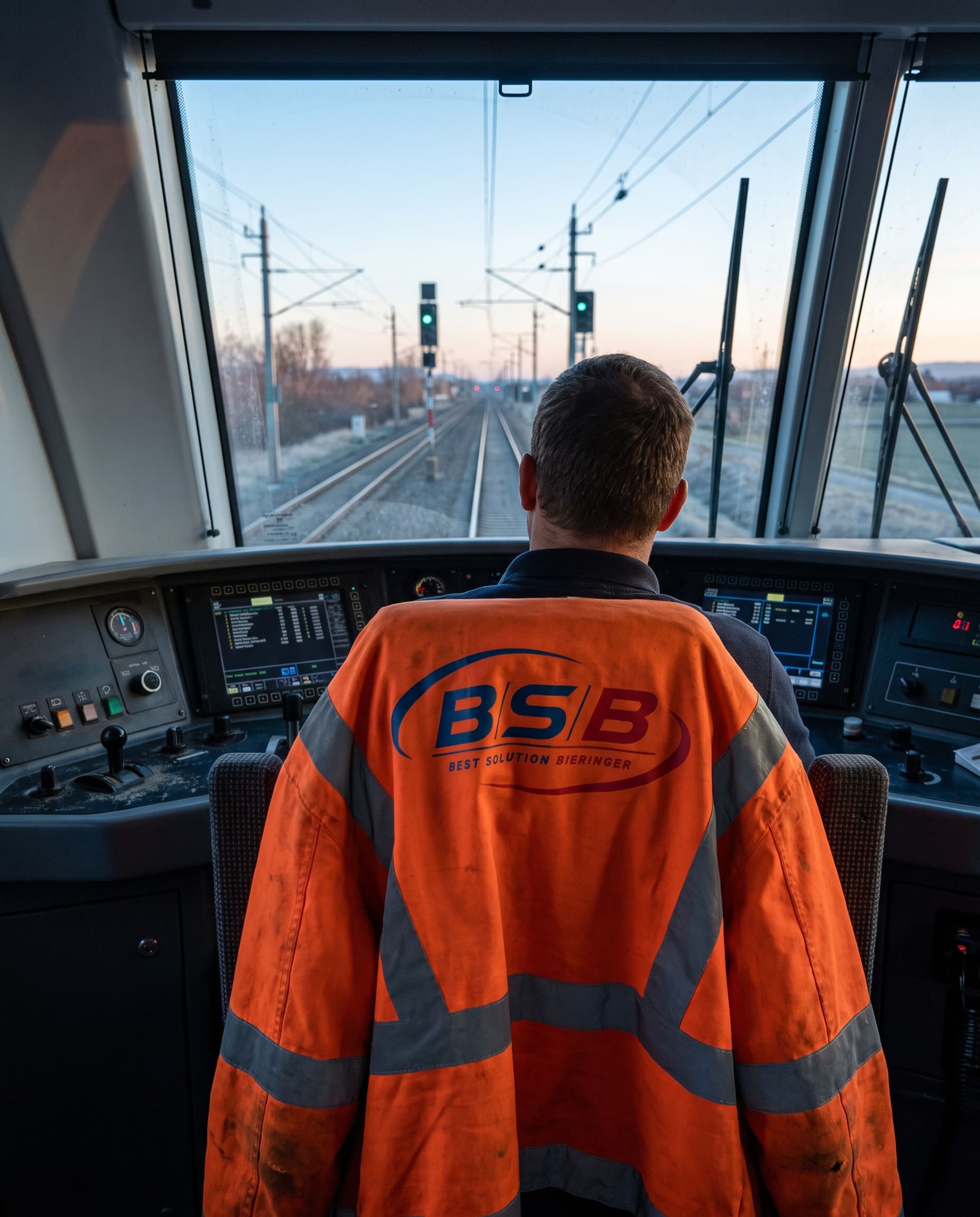 Triebfahrzeugführer im Führerstand, über der Sitzlehne seine Warnjacke mit BSB-Logo, vorne die Strecke mit grünen Signalen